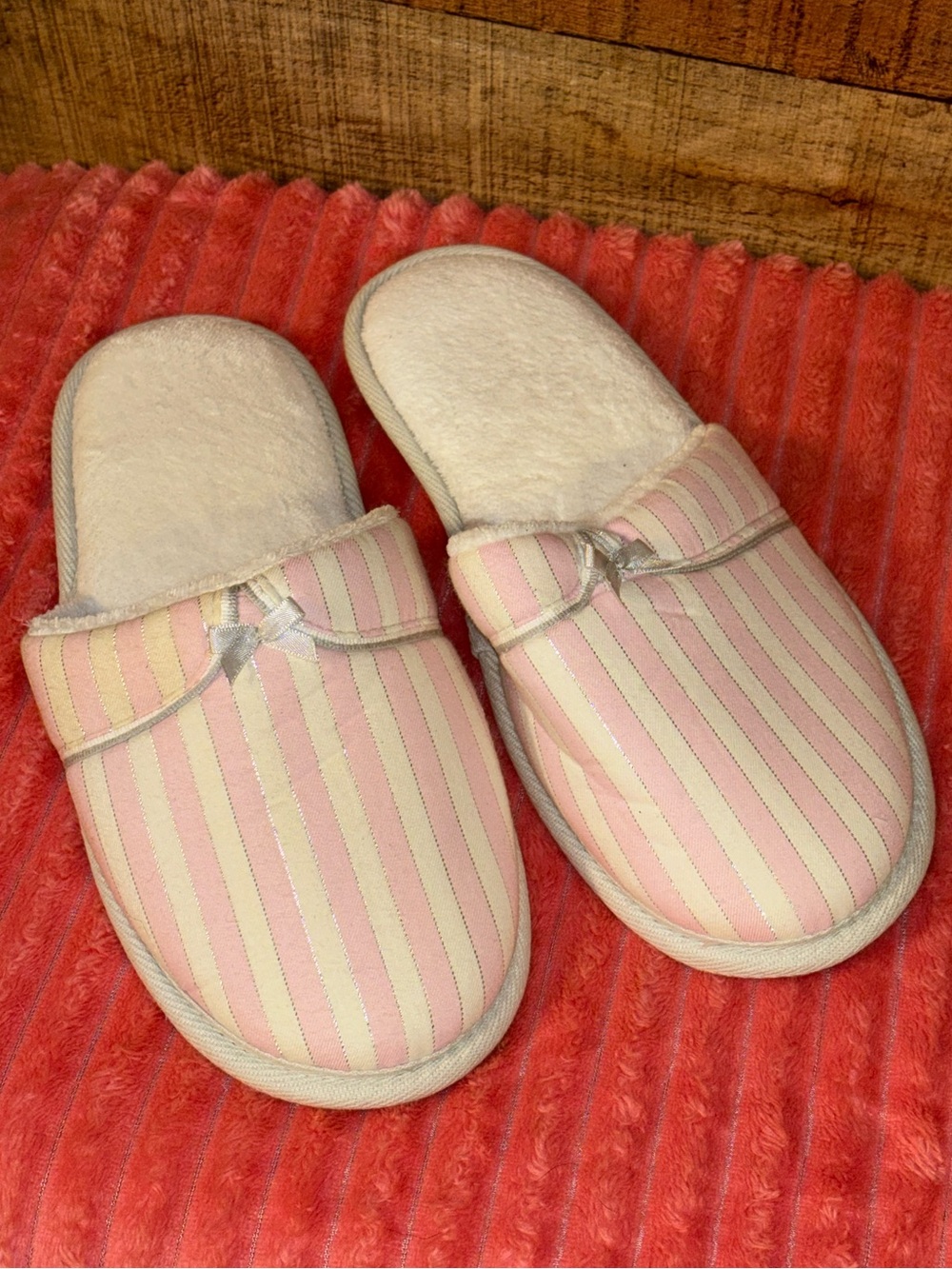 Victoria's Secret Pink Striped Slippers with Bow
